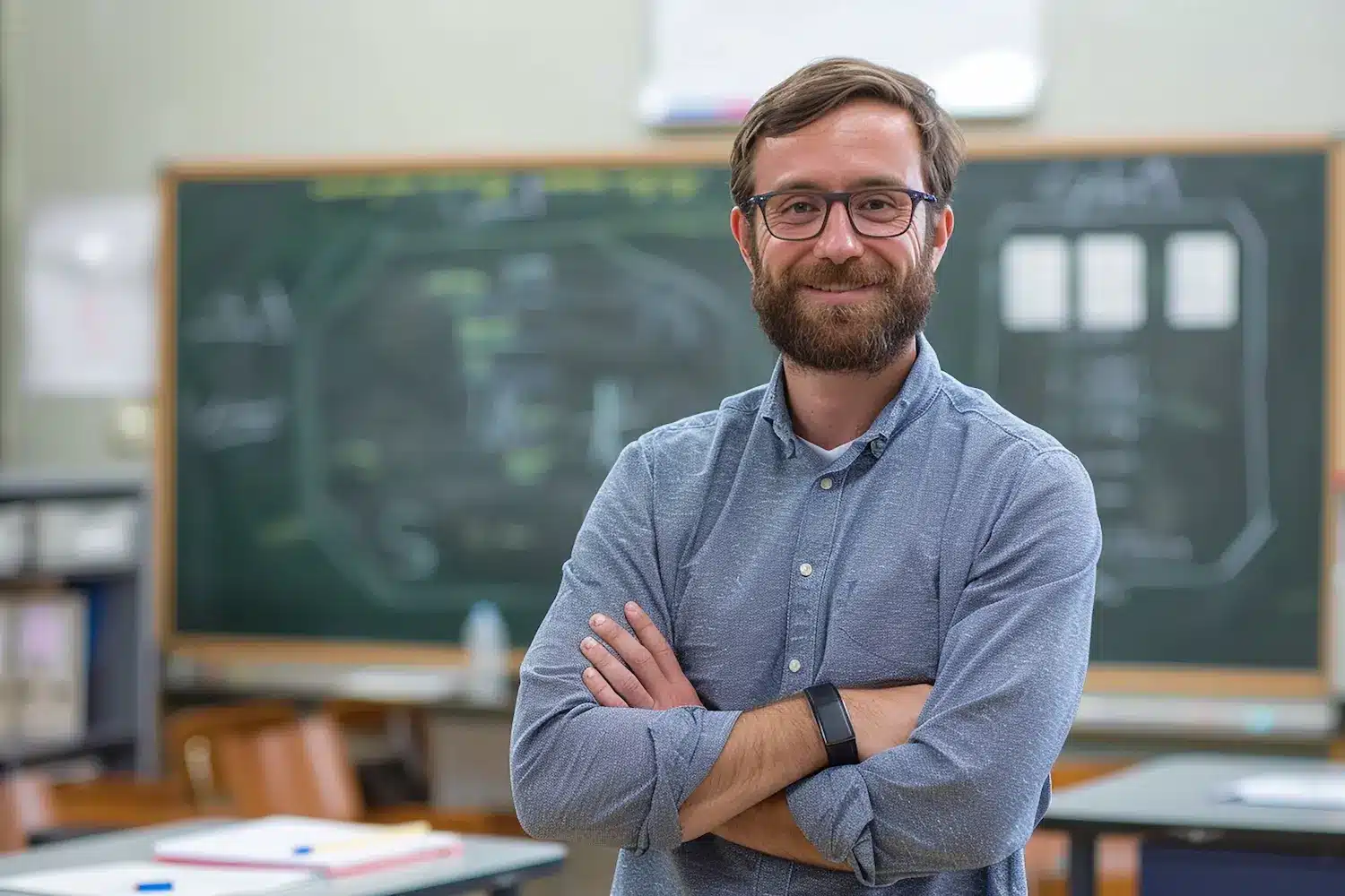 Professor sorrindo em sala de aula, diante do quadro, representando os aspectos positivos e a realização na carreira docente.