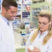 Profissionais analisando medicamento em farmácia moderna.