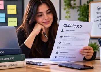 Imagem ilustrativa de jovem estudante segurando uma folha com as seções de dados pessoais, formação acadêmica, habilidades, cursos e experiências enquanto revisa o currículo para estágio