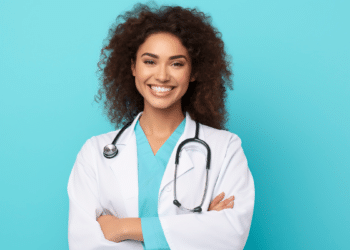 Médica sorridente em avental branco com estetoscópio em fundo azul.