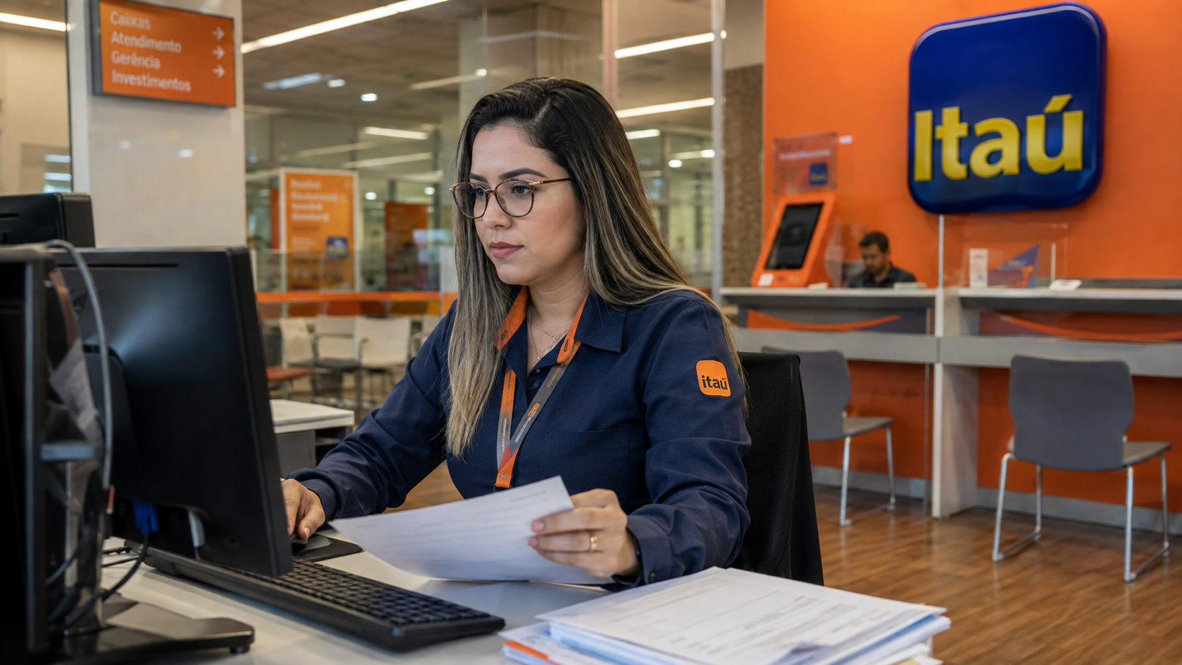 Funcionária do Itaú trabalha em estação de atendimento, em referência ao banco de talentos com cadastros abertos.