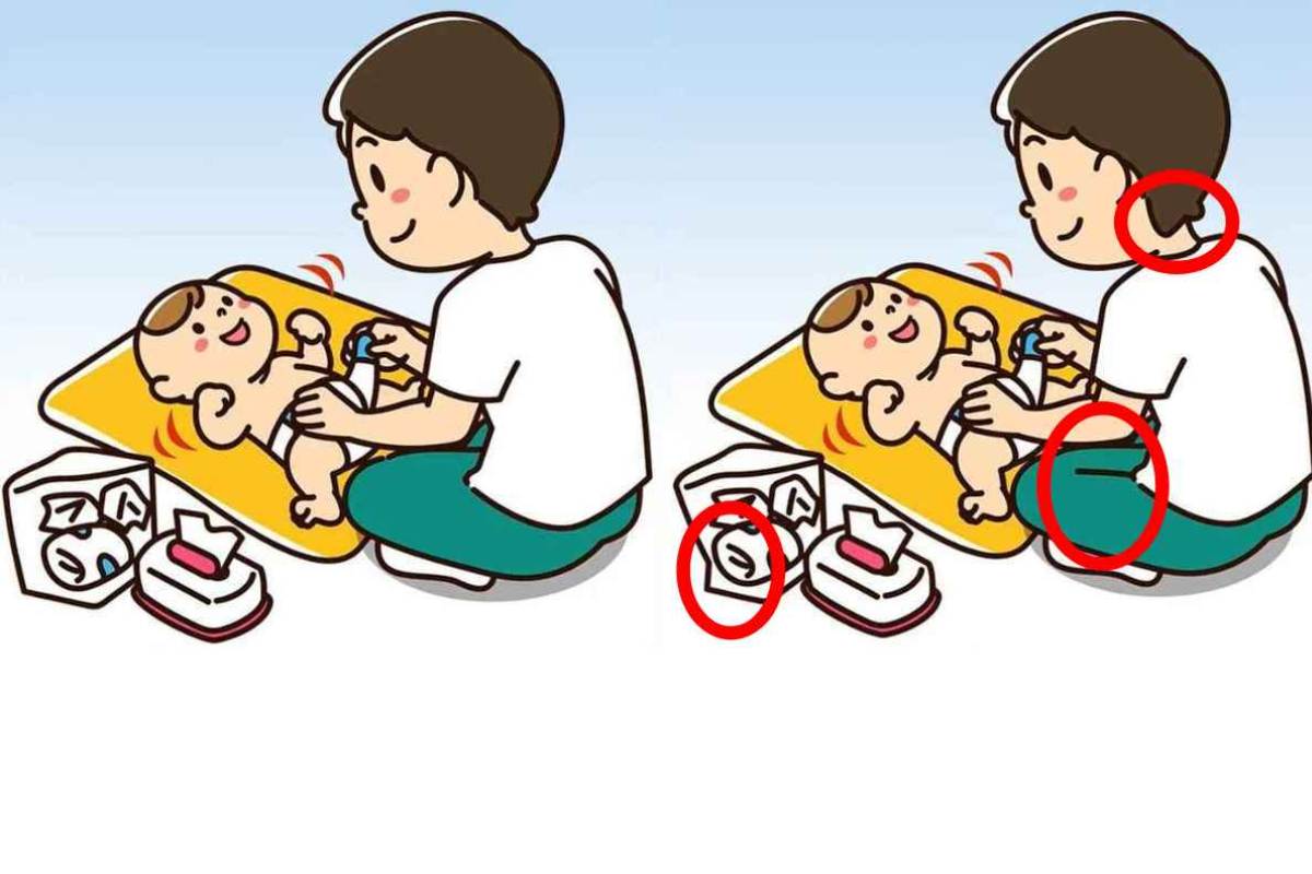 Jogo dos 3 erros. Encontrando as diferenças na imagem onde o pai troca a fralda do bebê.