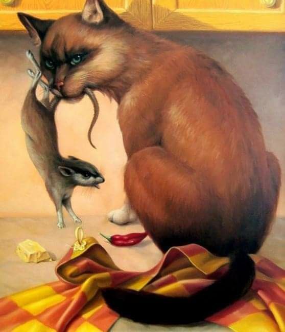 Encontre a mulher entre o gato e o rato.