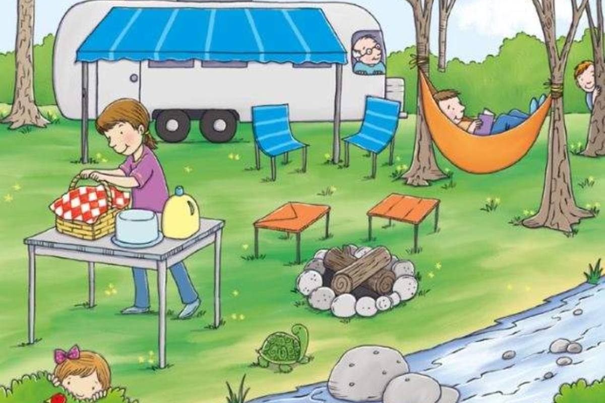 Encontre o boneco de neve na imagem do acampamento.