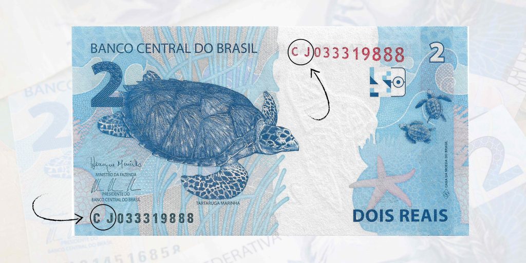 cédula de R$2 com a numeração inicial "CJ"