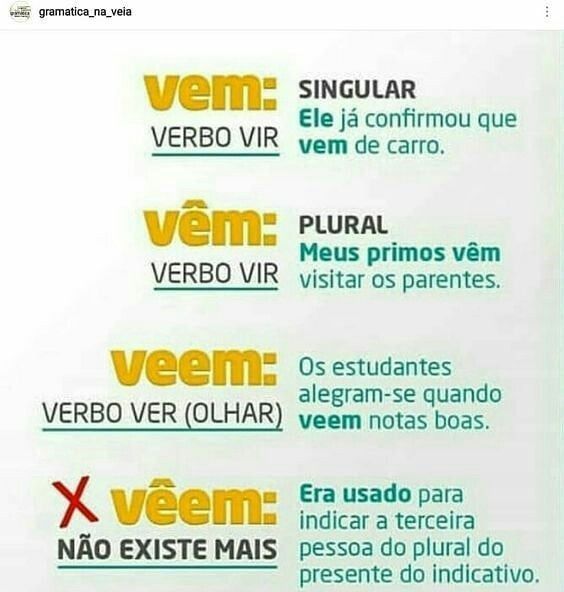Português na ponta do lápis! Você sabe quando e onde usar "vem" e "vêm"? Português na ponta do lápis! Você sabe quando e onde usar "vem" e "vêm"?