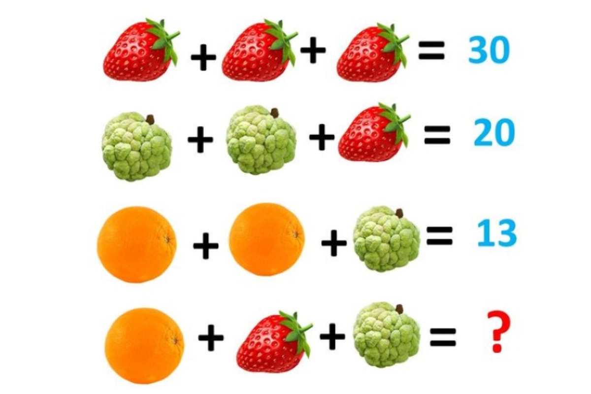 Encontre o valor das frutas na imagem.