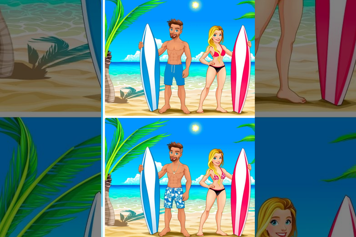 Desafio visual do casal na praia