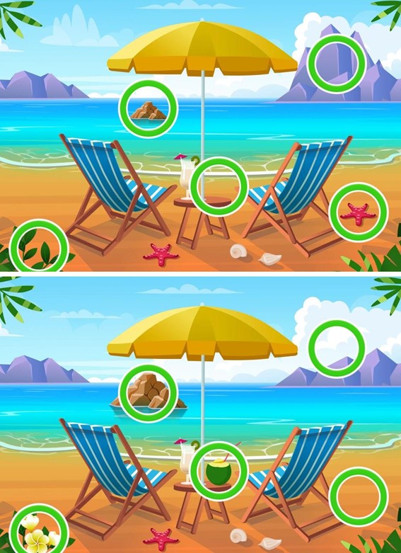 Desafio das diferenças dos 5 erros: encontre 5 erros entre as imagens da praia em 10 segundos Resultado do Desafio das diferenças dos 5 erros