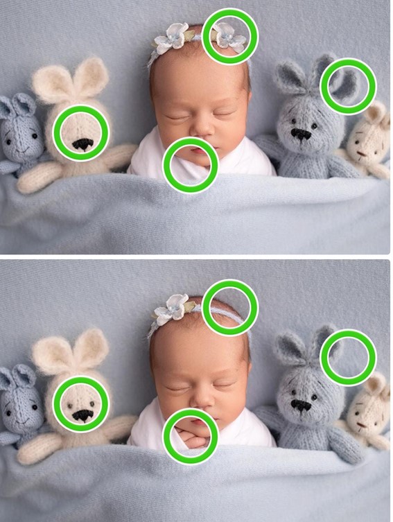 Desafio dos 4 erros do bebê: encontre as diferenças entre as imagens do bebê em 10 segundos Desafio dos 4 erros do bebê Resultado
