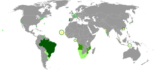 Nove países em quatro continentes adotam a língua portuguesa como idioma oficial (Imagem: Portugues.com.br). Nove países em quatro continentes adotam a língua portuguesa como idioma oficial (Imagem: Portugues.com.br).