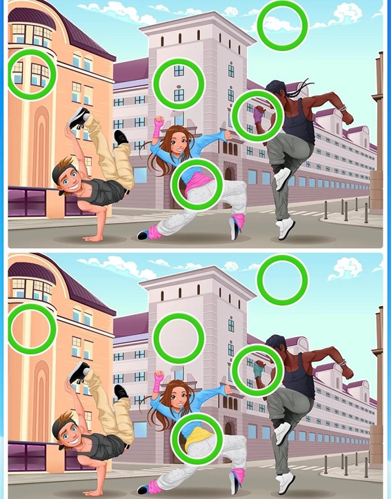 Jogo dos cinco erros do break dance: encontre as diferenças entre as imagens em menos de 10 segundos Resultado do Jogo dos cinco erros do break dance