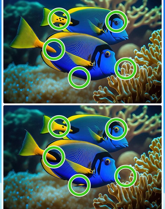 Jogo dos 5 erros do peixe: encontre as diferenças entre as fotos do peixe em 10 segundos Resultado do Jogo dos 5 erros do peixe