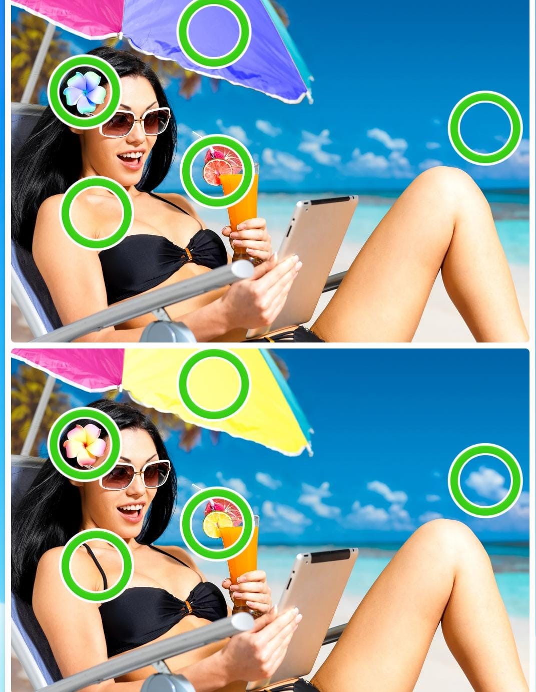 Jogo das diferenças da praia: encontre cinco erros em 10 segundos Resultado do Jogo das diferenças da praia