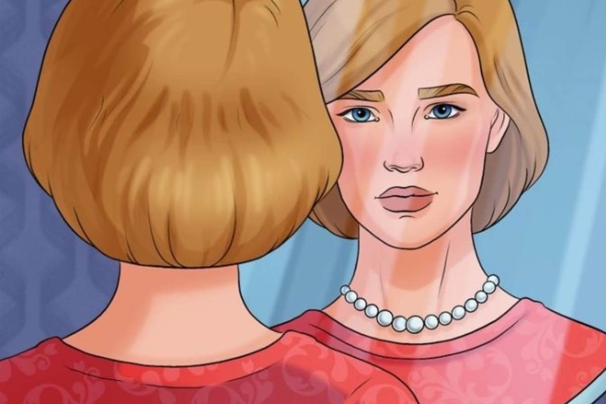 Encontre o erro na imagem da mulher no espelho.