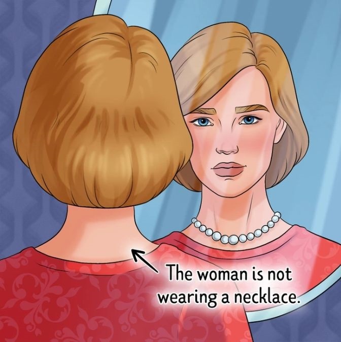 resposta de onde esta o erro na imagem da mulher no espelho Resposta de onde está o erro na imagem da mulher no espelho.