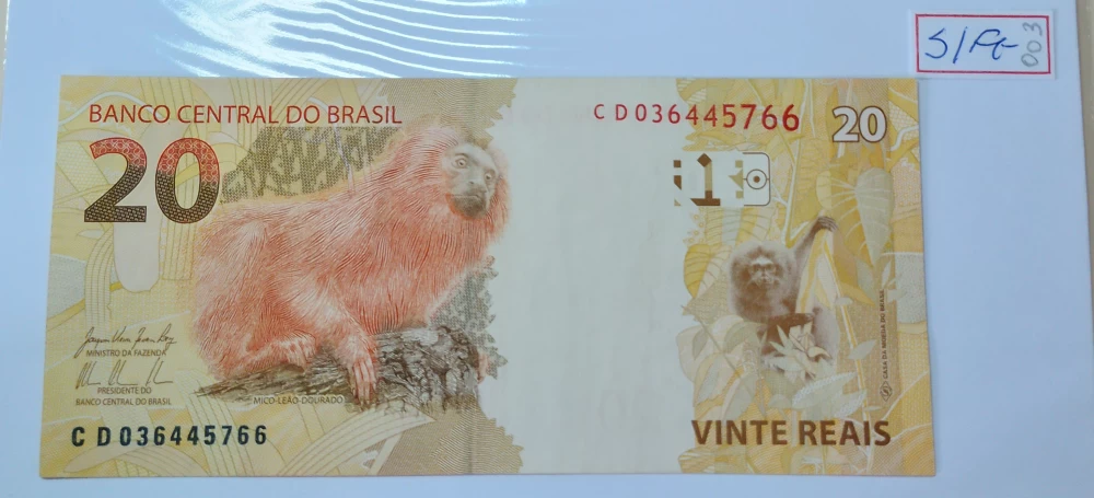 Exemplo de cédula de reais rara com letra CD e número de série valiosa Exemplo de cédula de 20 reais rara com letra CD e número de série valiosa. Imagem: Finum Cédulas