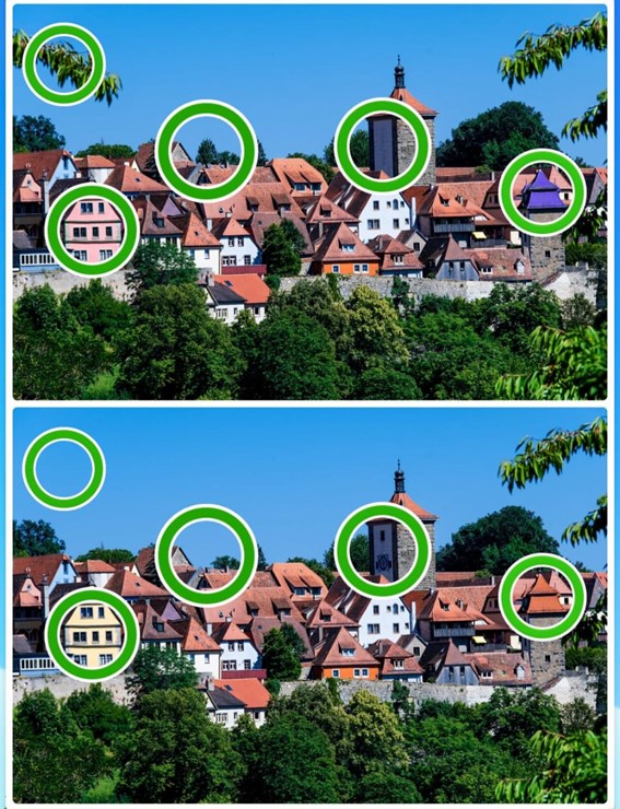 Jogo dos 5 erros da vila: encontre 5 diferenças entre as imagens do vilarejo em 10 segundos Resultado do Jogo dos 5 erros da vila