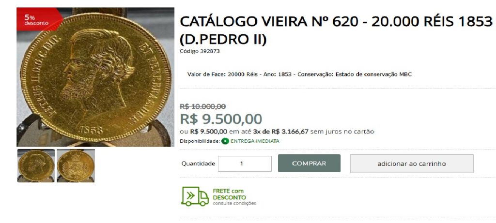 Valor da Moeda 20.000 réis 1853 D.PEDRO II Valor da Moeda 20.000 réis 1853 D.PEDRO II