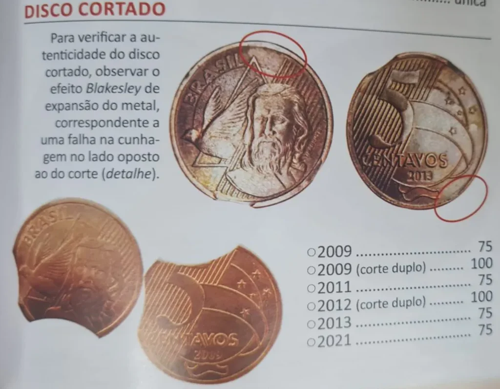 Moedas de 5 centavos com disco cortado Moedas de 5 centavos com disco cortado