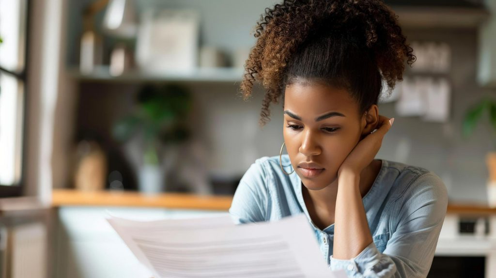 Cursos técnicos. Mulher jovem com cabelo cacheado preso, vestindo blusa azul clara, olhando atentamente para um documento em suas mãos com expressão séria