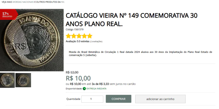 Moeda comemorativa 30 anos do plano real. Moeda comemorativa 30 anos do plano real.