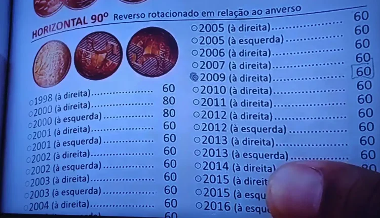Valores da moeda de 5 centavos com reverso horizontal Valores da moeda de 5 centavos com reverso horizontal