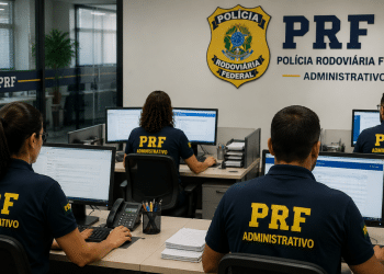 Servidores administrativos da PRF trabalham em computadores, representando a expectativa por um novo concurso para a área administrativa.