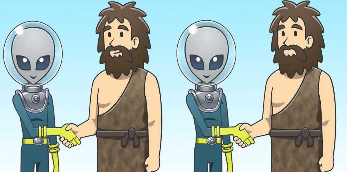 Raciocínio Lógico: encontre as 3 diferenças entre o alienígena e homem das cavernas Raciocínio Lógico: encontre as 3 diferenças entre o alienígena e homem das cavernas