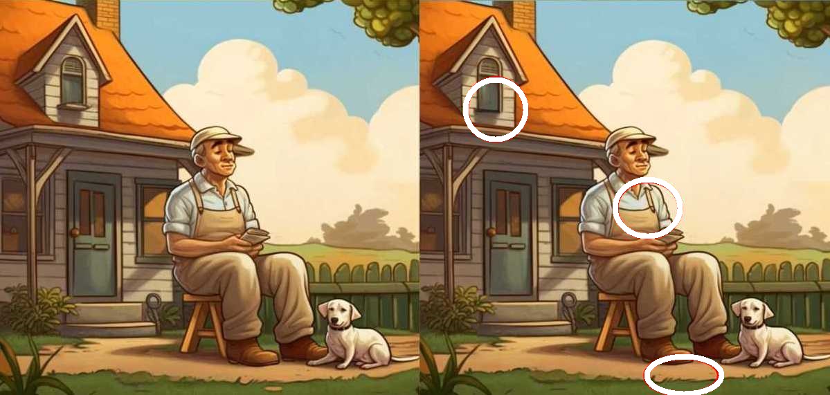 Teste de QI: encontre as 3 diferenças entre as imagens do velho e seu cachorro Teste de QI: encontre as 3 diferenças entre as imagens do velho e seu cachorro