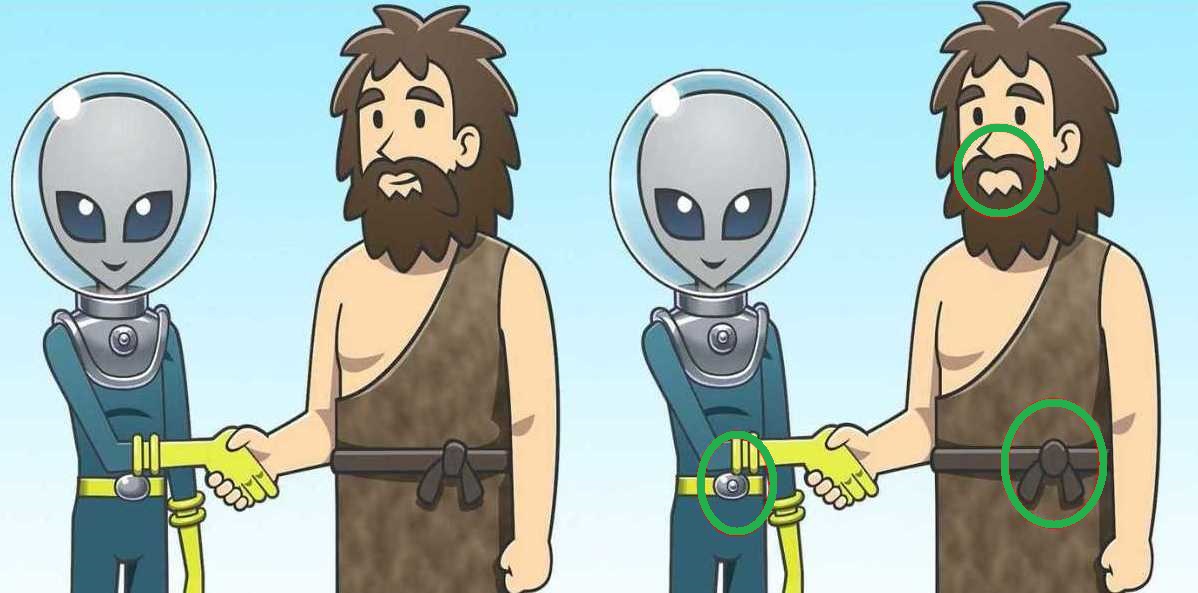 Raciocínio Lógico: encontre as 3 diferenças entre o alienígena e homem das cavernas Raciocínio Lógico: encontre as 3 diferenças entre o alienígena e homem das cavernas