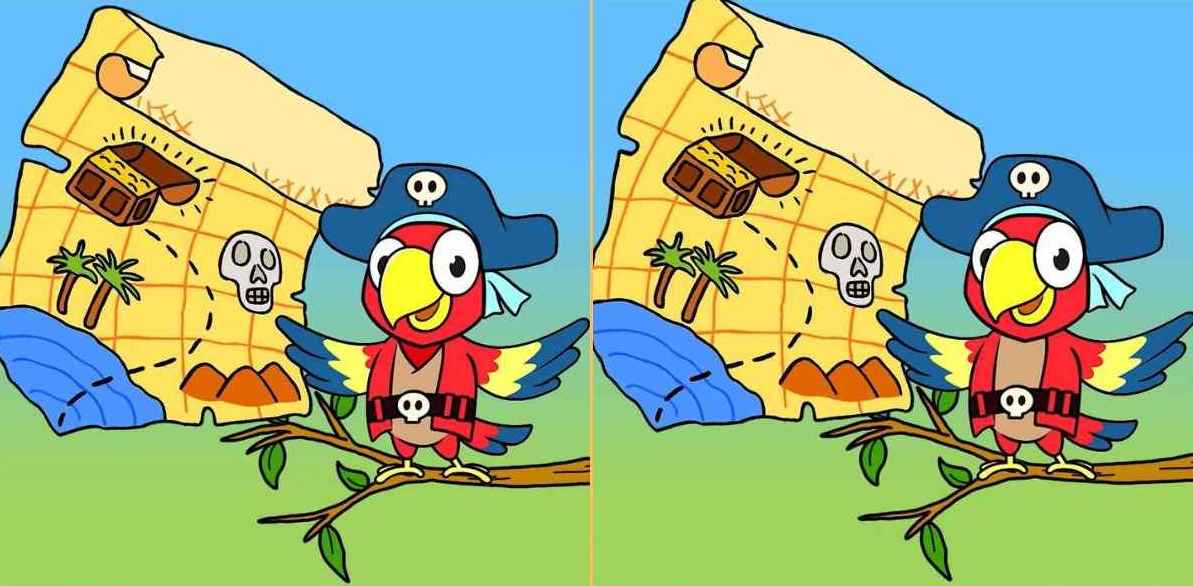 Raciocínio Lógico: descubra 3 diferenças entre as imagens do papagaio pirata Raciocínio Lógico: descubra 3 diferenças entre as imagens do papagaio pirata
