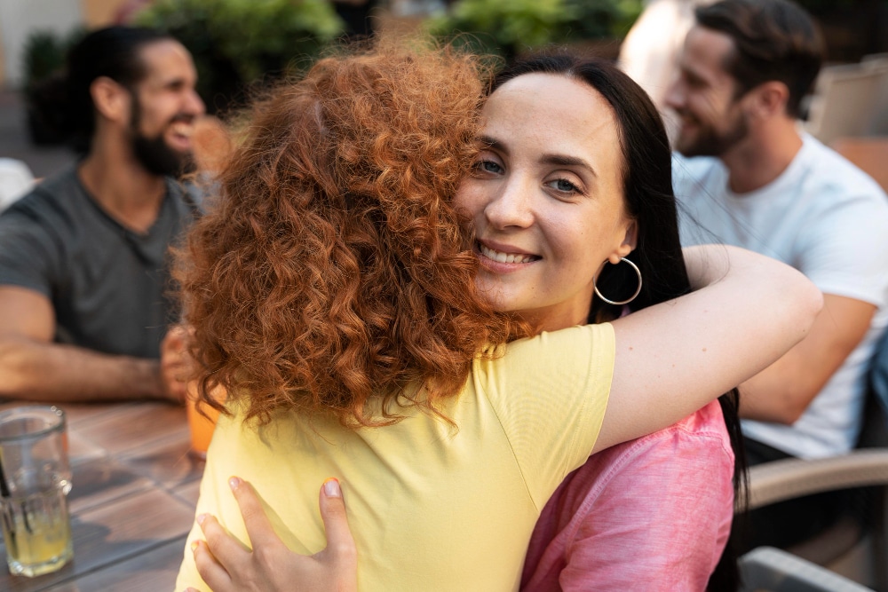Amigas se reencontrando e se abraçando