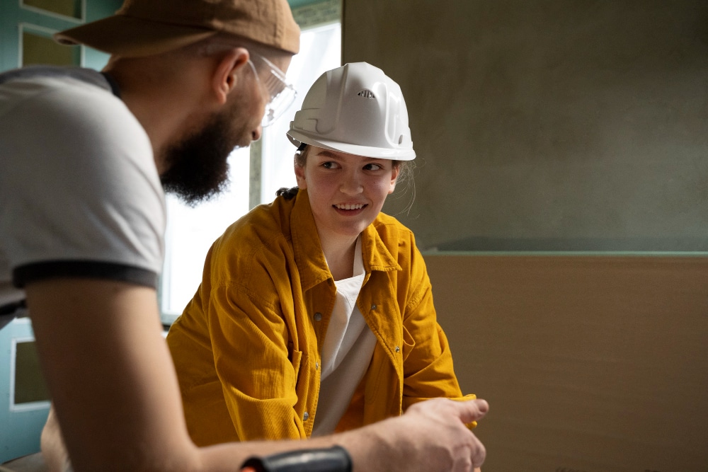 Dois profissionais conversando em um ambiente de construção. Uma mulher usa capacete branco e jaqueta amarela, sorrindo enquanto interage com um colega de trabalho que veste boné e óculos de segurança