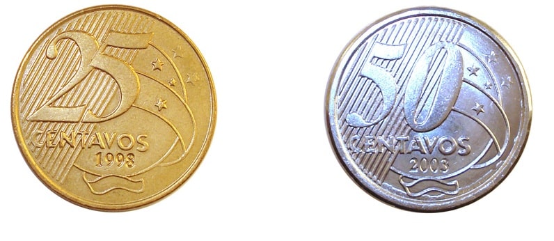 Moedas do real com erros Moedas de 25 e 50 centavos