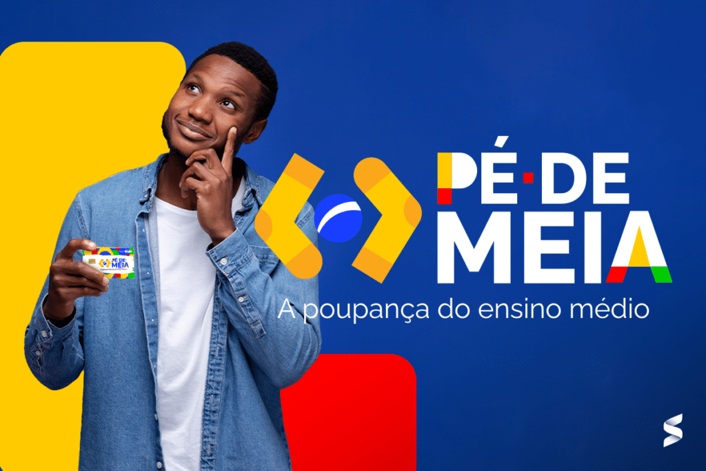 Jovem segurando um cartão do programa Pé-de-Meia, com fundo colorido e o slogan 'A poupança do ensino médio
