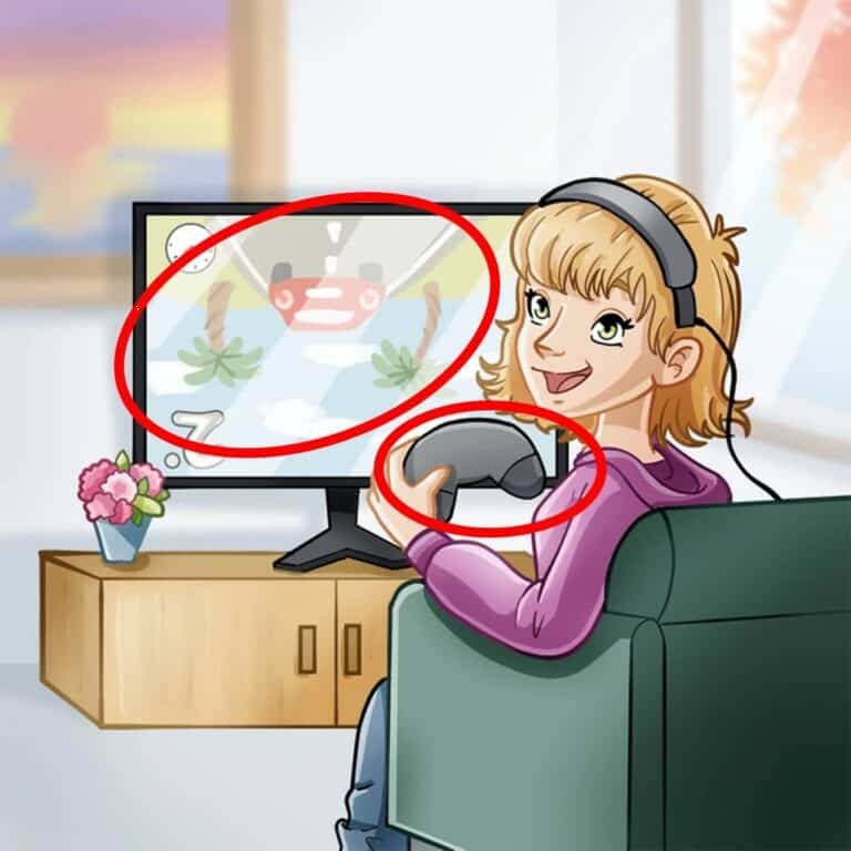 Desafio Visual: encontre entre as imagens 2 erros em 20 segundos desafio visual menina jogando video game solução
