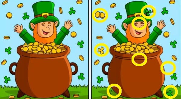 Raciocínio Lógico: encontre as 8 diferenças na imagem do duende no pote de ouro Raciocínio Lógico: encontre as 8 diferenças na imagem do duende no pote de ouro
