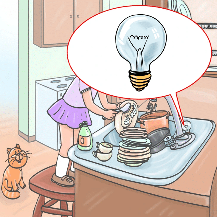 Teste Visual: observe e encontre o erro na imagem em 15 segundos teste visual menina lavando pratos na cozinha solução