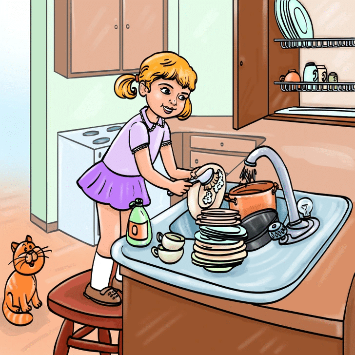 Teste Visual: observe e encontre o erro na imagem em 15 segundos teste visual menina lavando pratos na cozinha