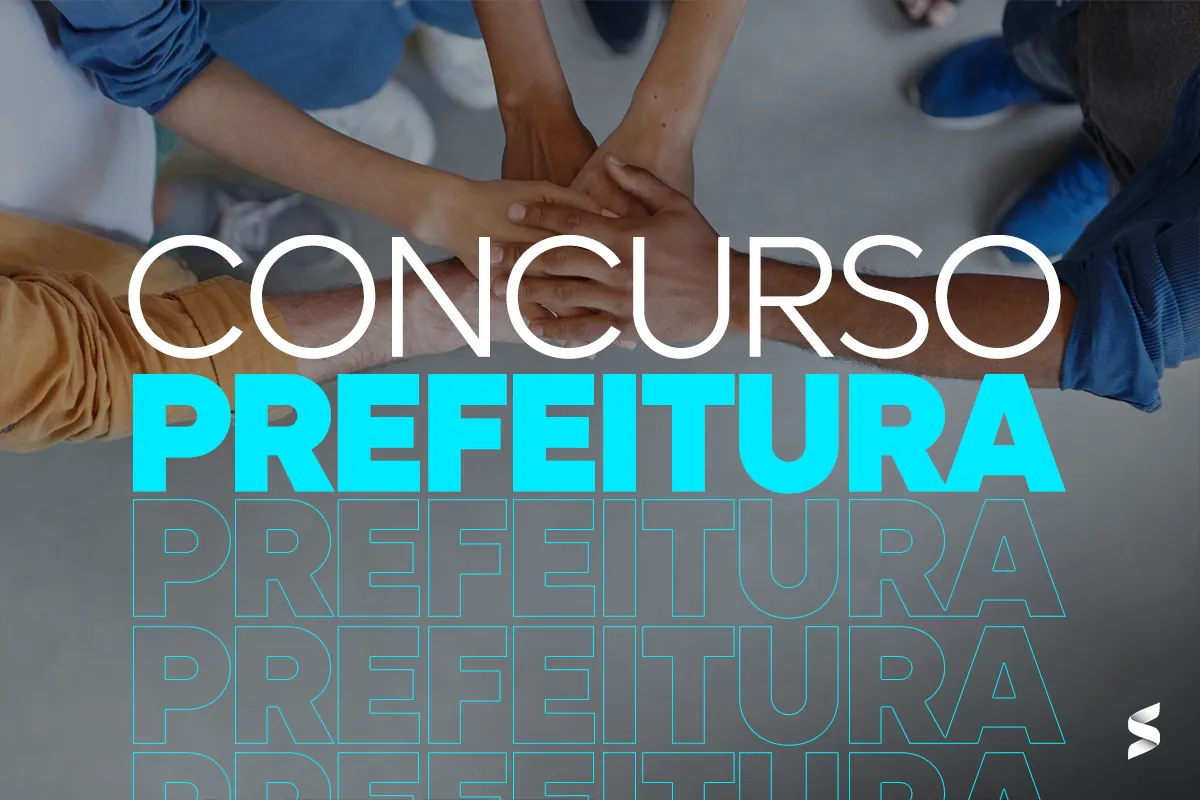 Mãos unidas simbolizando colaboração, com destaque para concurso da prefeitura