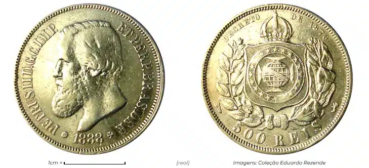 Moedas de mil réis Moeda de 500 réis do Brasil Imperial, com busto de D. Pedro II e brasão nacional.