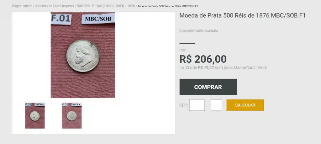 Valor da moeda de mil reis Moeda de 500 mil réis a venda