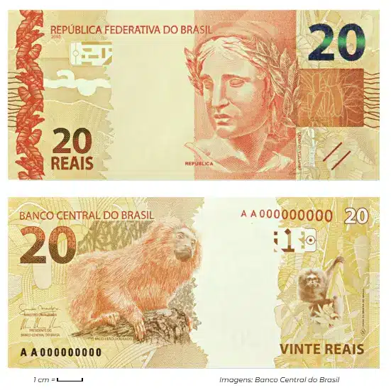 Cédula de 20 Reais Frente e verso da cédula de 20 Reais, com imagem da República Brasileira e o mico-leão-dourado