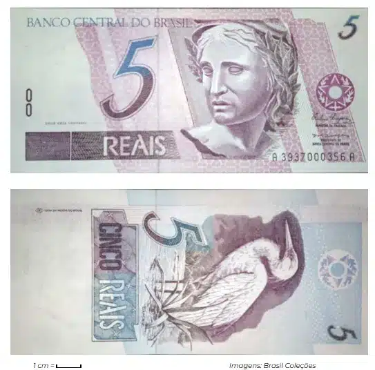 Cédula de 5 Reais: Frente e Verso Exibindo Características Interessantes Cédula de 5 reais com aparência rara, frente e verso visíveis.