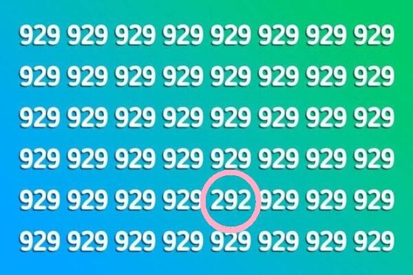 Desafio Visual: Encontre o Número Diferente entre os 929 Solução do desafio visual com a imagem com várias repetições do número 929, criando um desafio visual para encontrar um número diferente.