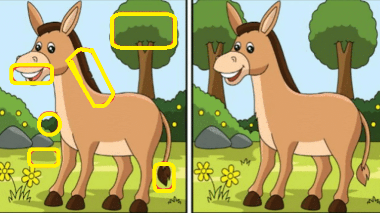 Jogo dos Erros: Encontre as Diferenças no Burrinho Desafio visual com duas imagens de um burrinho em um cenário natural, apresentando pequenas diferenças entre elas.