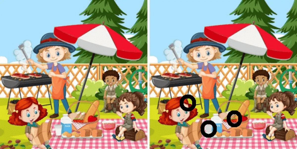 Encontre as diferenças: Desafio do piquenique divertido! Imagem de um piquenique ao ar livre com um desafio visual de encontrar diferenças entre duas cenas. Solução!