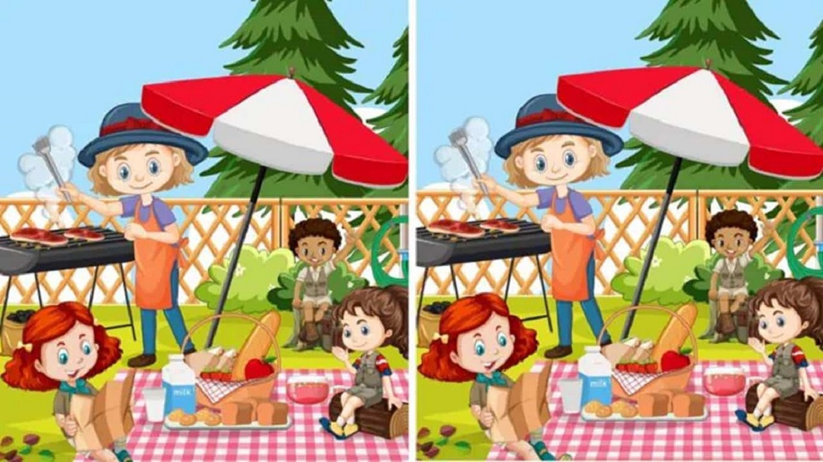 Encontre as diferenças: Desafio do piquenique divertido! Imagem de um piquenique ao ar livre com um desafio visual de encontrar diferenças entre duas cenas.