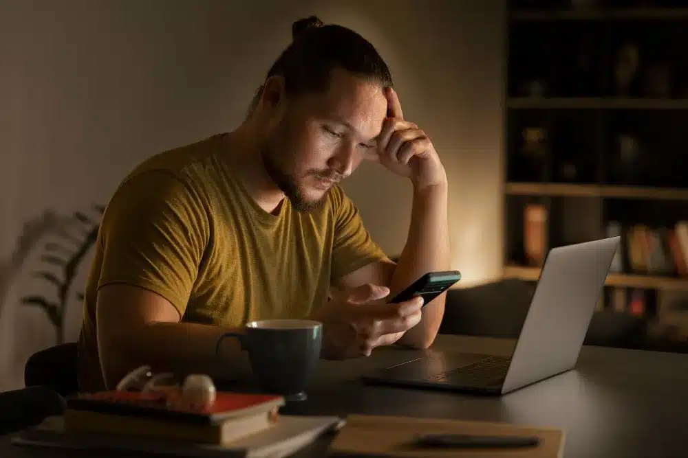 Homem pensativo segurando um celular enquanto trabalha à noite, refletindo sobre seus hábitos diários.